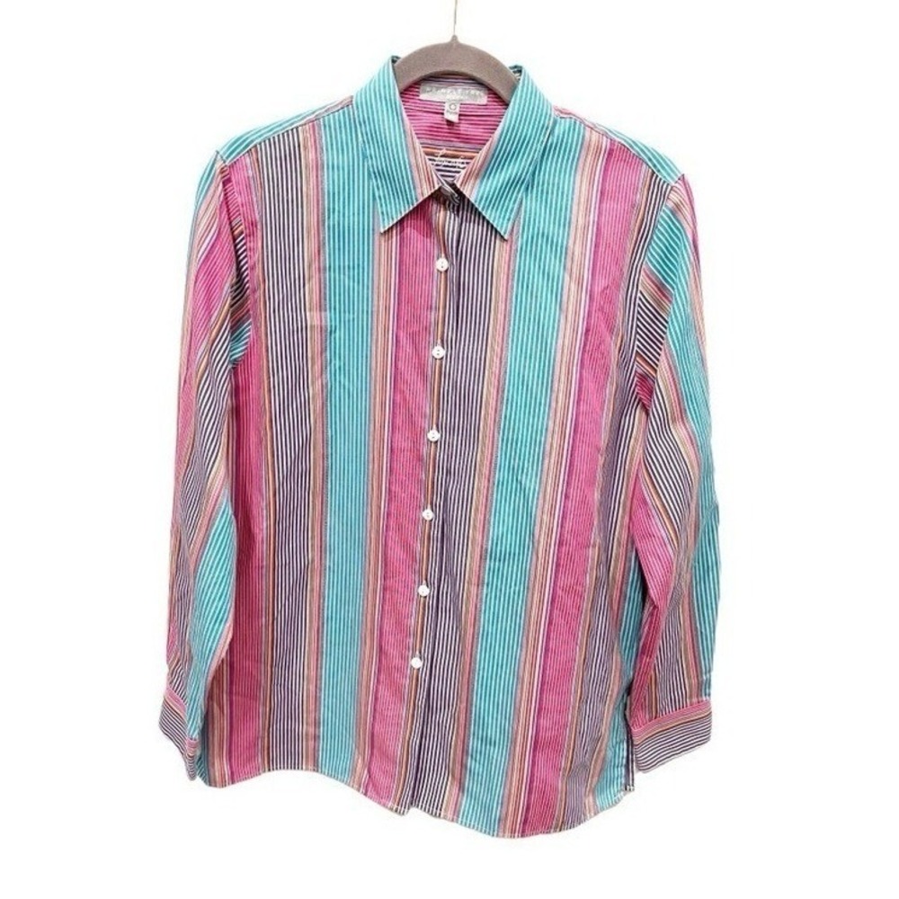 Foxcroft Button Down Top Women's 10 Wrinkle‎ Free Classic Fit Bold Stripe Office